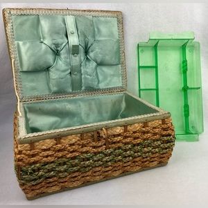 Large Vintage USB Rattan Green Wicker Sewing Basket Lined Handle Tray Japan